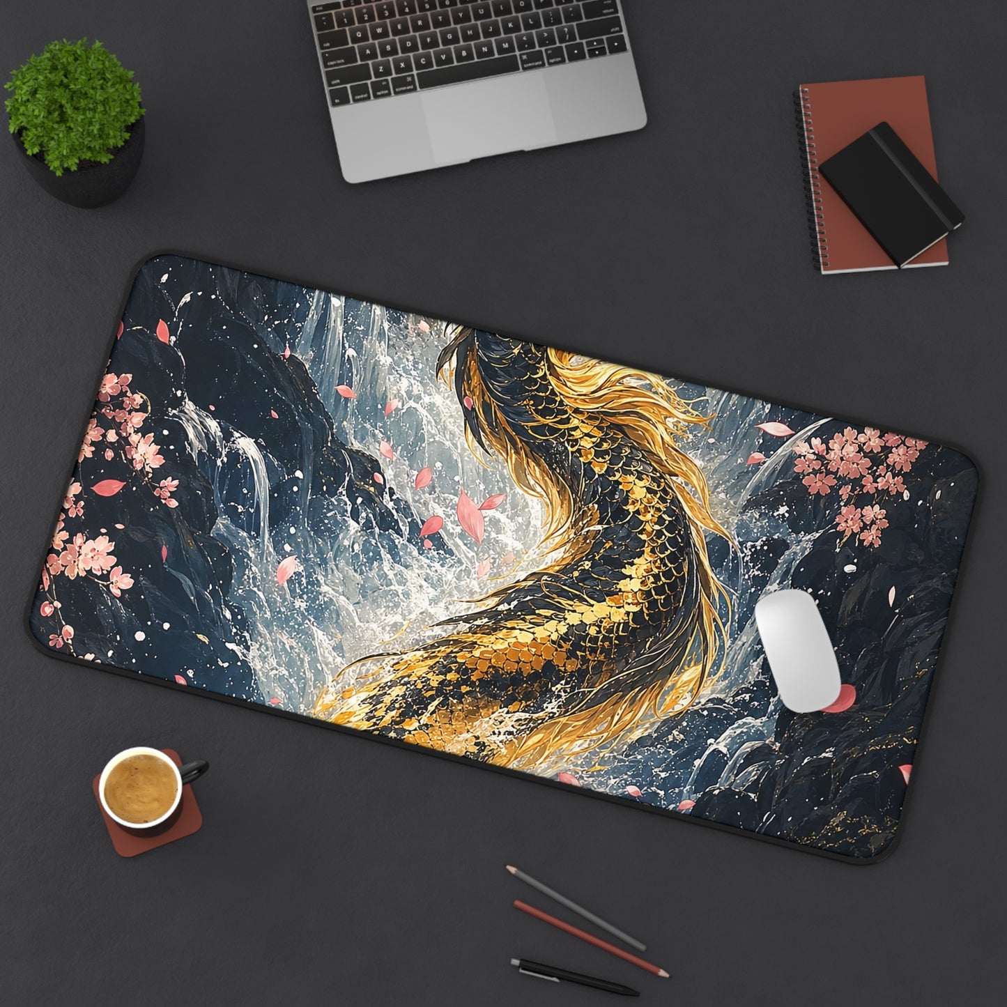 Koi Fish Swimming Upstream Becoming Dragon - Japanese Mythology Gaming Desk Mat