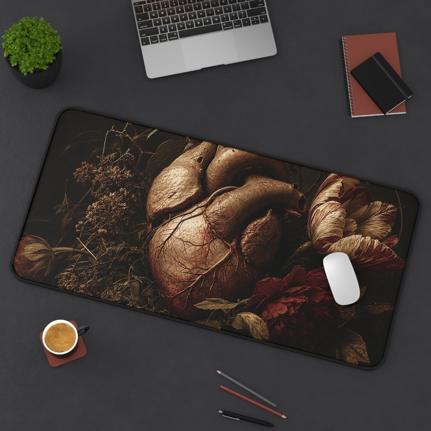 Anatomical Heart With Flowers - Dark Academia Gaming Desk Mat