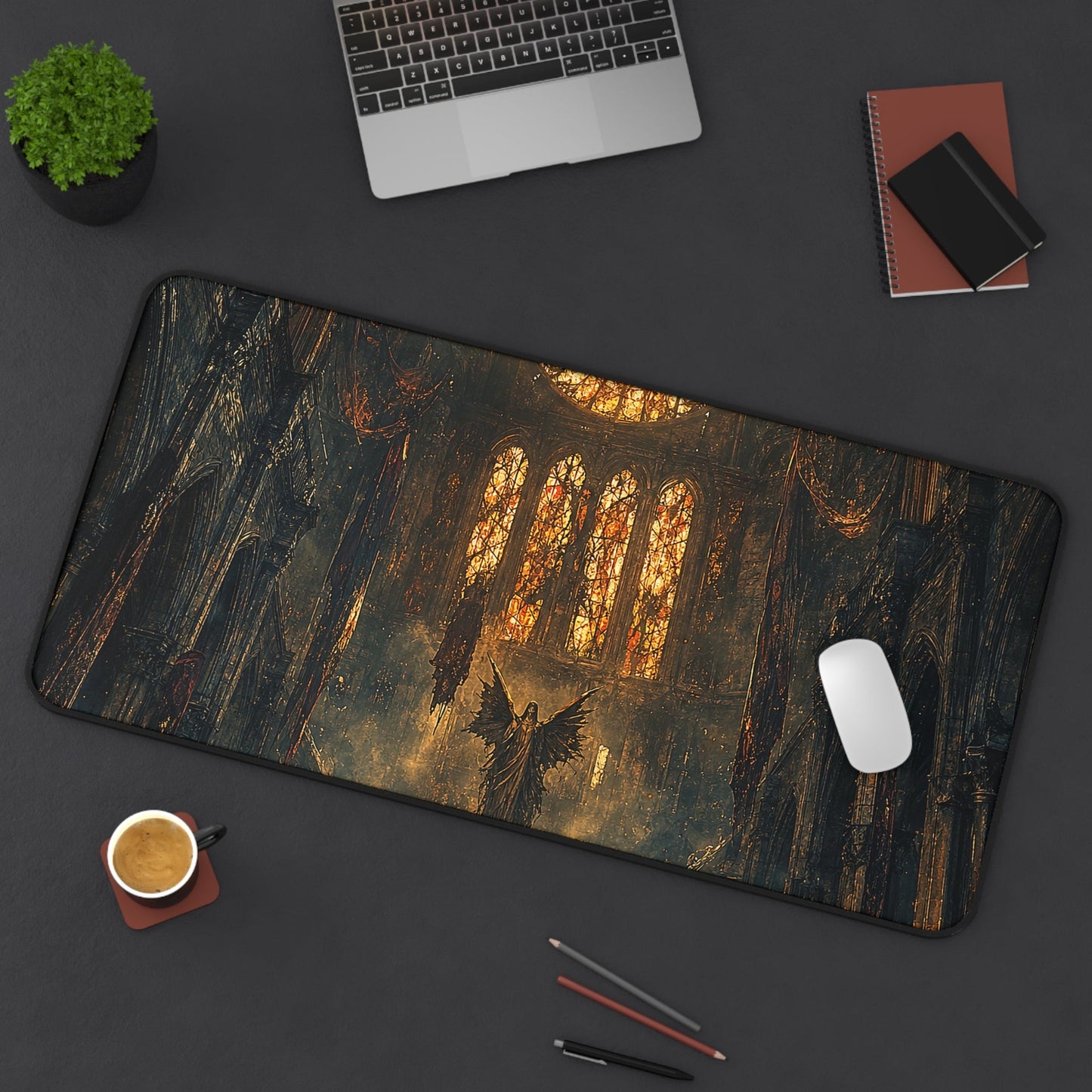 Cursed Cathedral With Broken Stained Glass - Dark Fantasy Gaming Desk Mat - Moikas