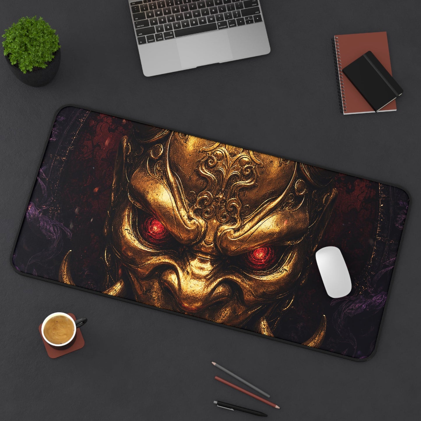 Golden Oni Mask With Ruby Eyes - Sudoni Brand Gaming Desk Mat - Moikas