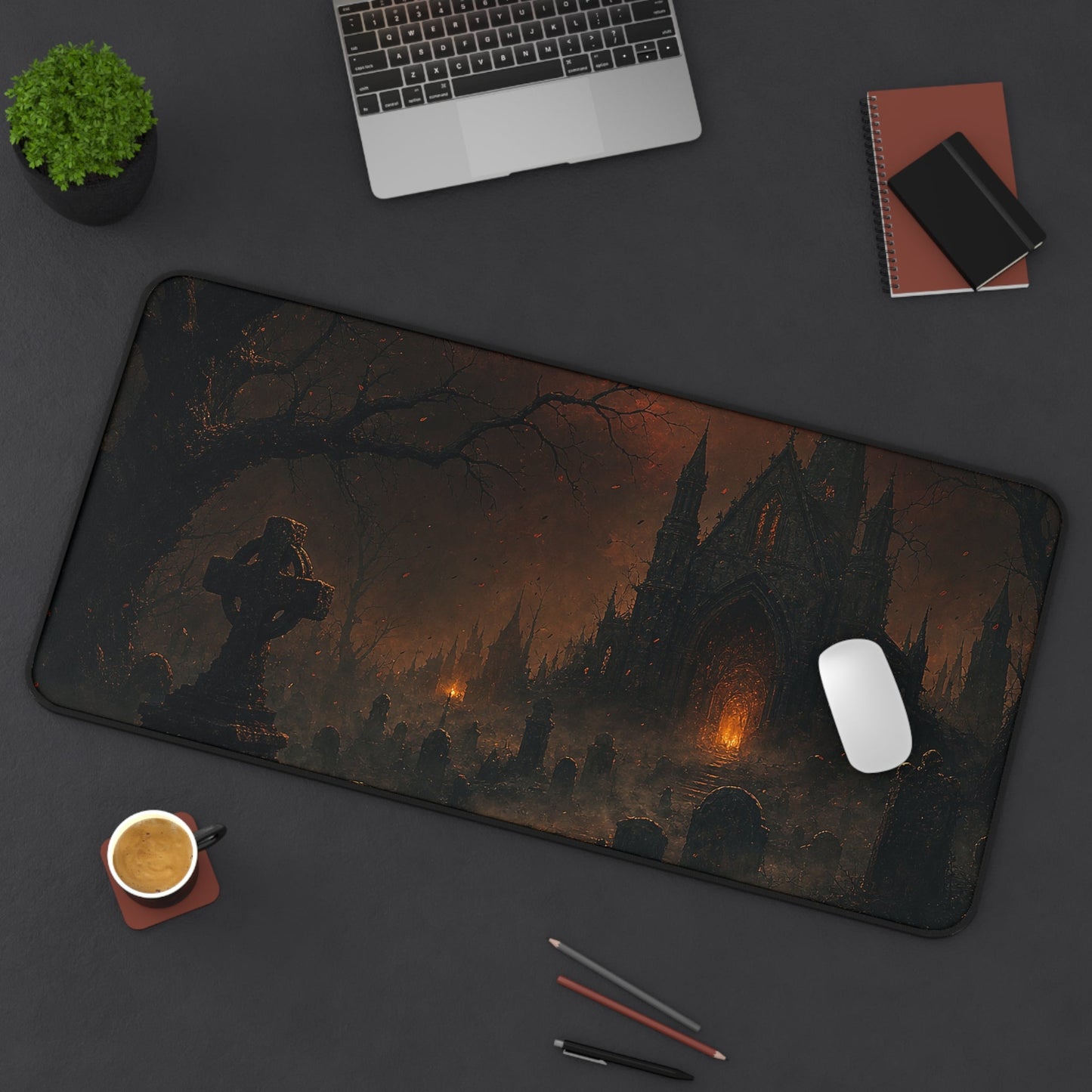 Haunted Graveyard Under Blood Moon - Dark Fantasy Gaming Desk Mat - Moikas