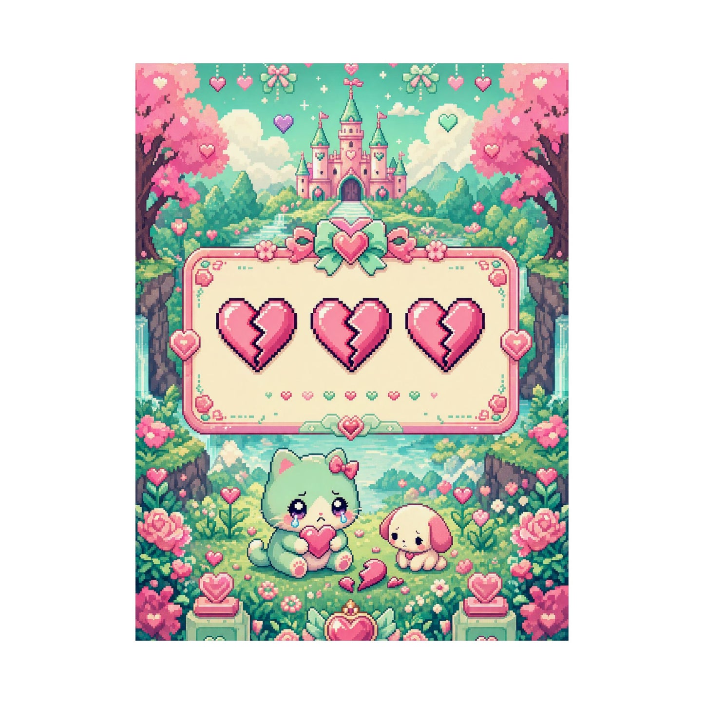 Cute Game Over Screen With Hearts - Kawaii Gaming Art Print (Matte Poster)