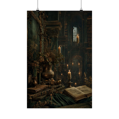Ancient Library With Floating Candles - Dark Academia Art Print (Matte Poster)