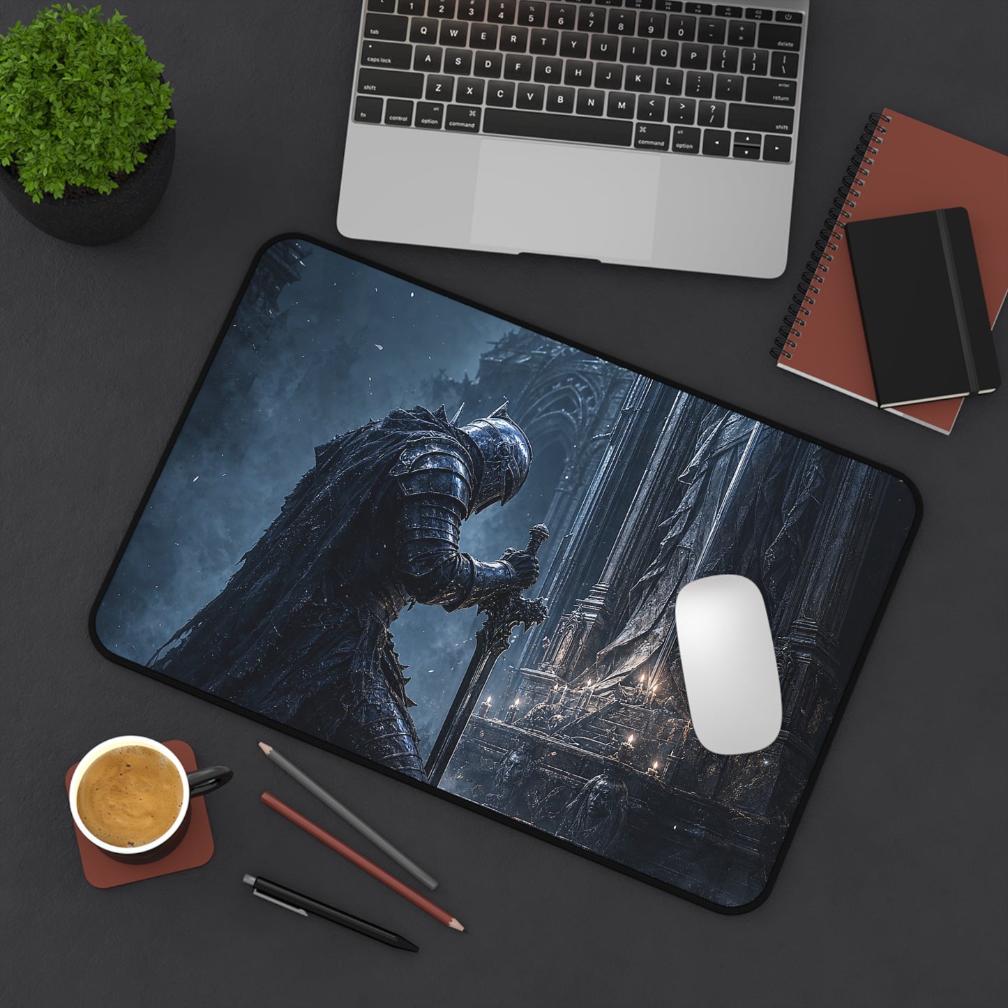 Dark Knight Kneeling Before Shrine - Dark Fantasy Gaming Desk Mat