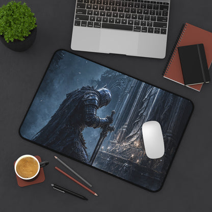 Dark Knight Kneeling Before Shrine - Dark Fantasy Gaming Desk Mat