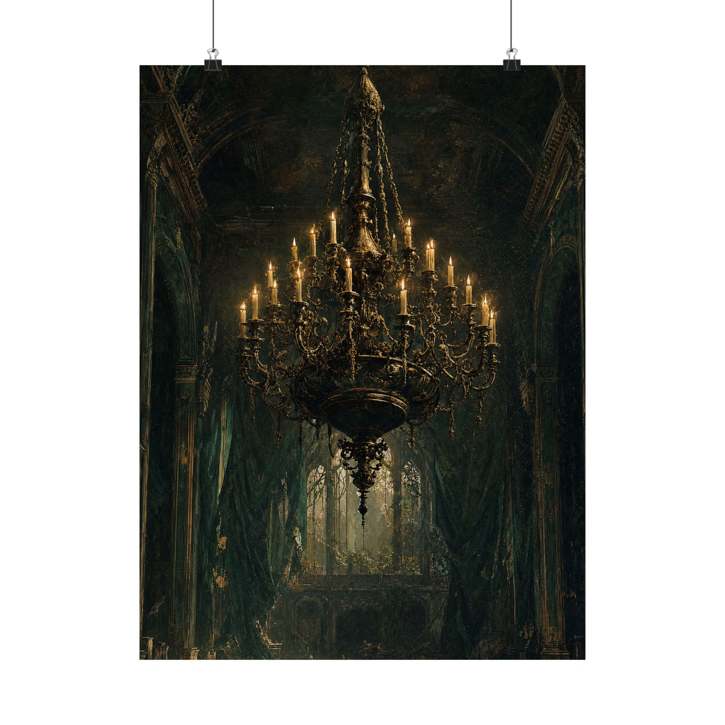 Chandelier In Ruined Hall - Dark Academia Art Print (Matte Poster)
