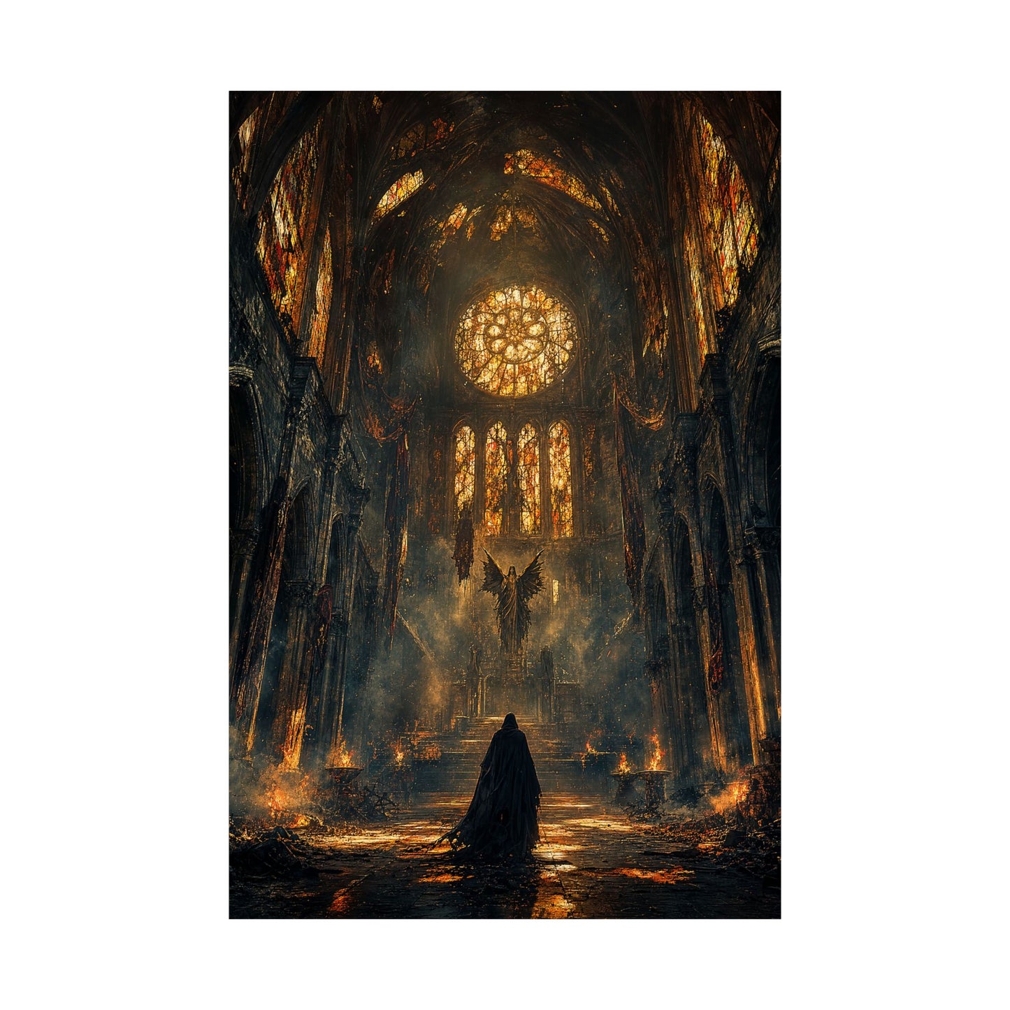 Cursed Cathedral With Broken Stained Glass - Dark Fantasy Art Print (Matte Poster)