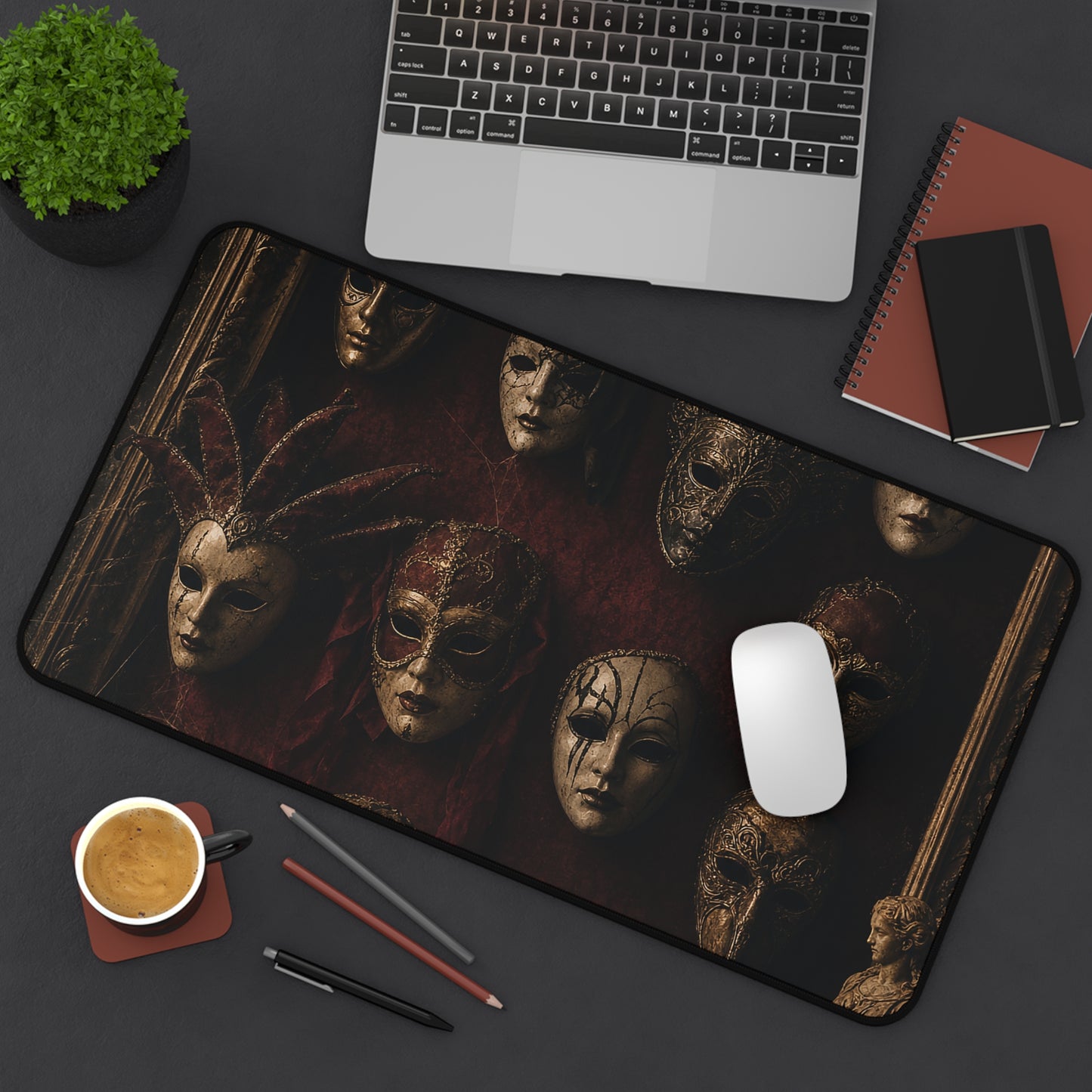 Mask Collection On Wall - Dark Academia Gaming Desk Mat