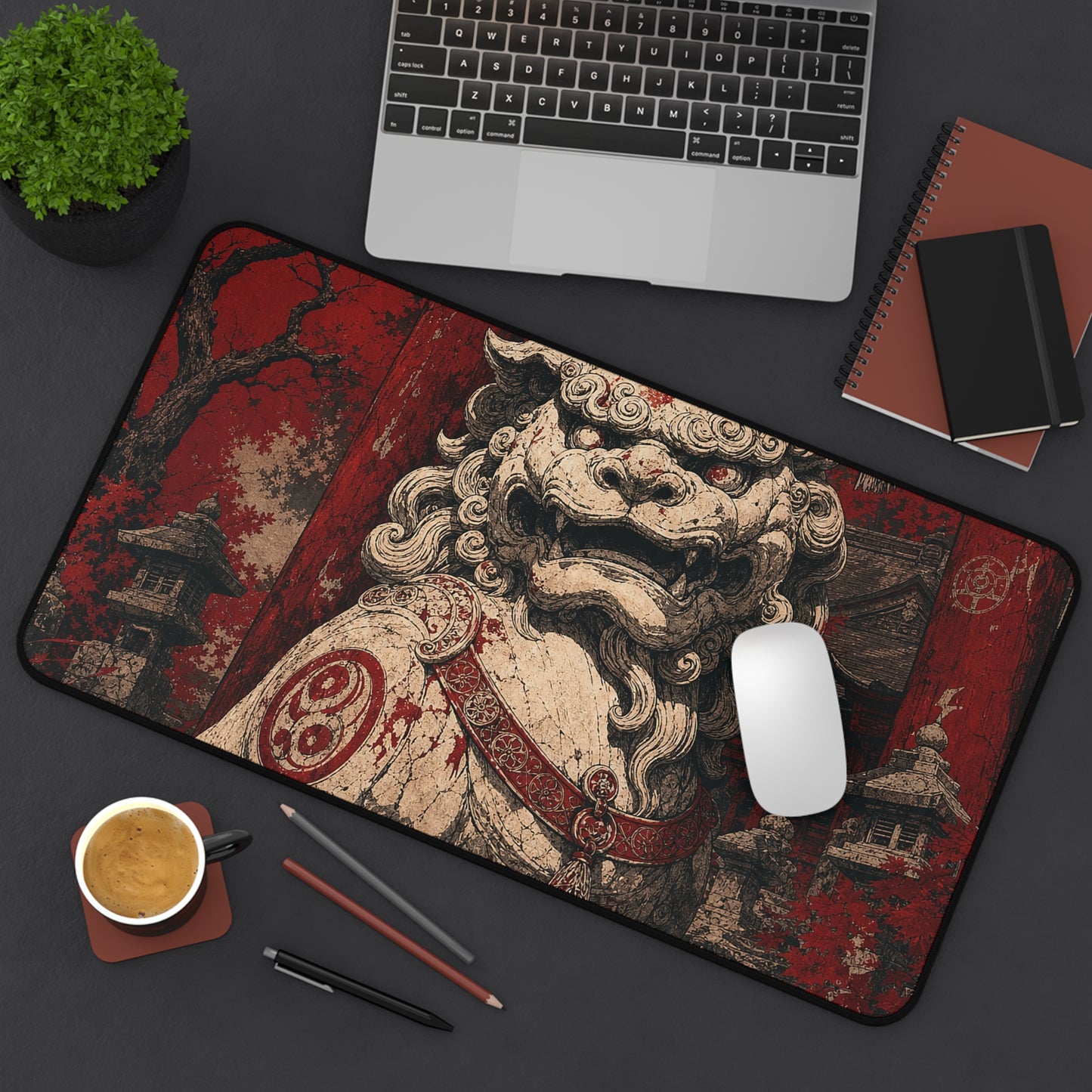 Komainu Guarding Shrine Gate - Japanese Mythology Gaming Desk Mat