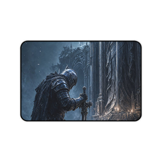 Dark Knight Kneeling Before Shrine - Dark Fantasy Gaming Desk Mat