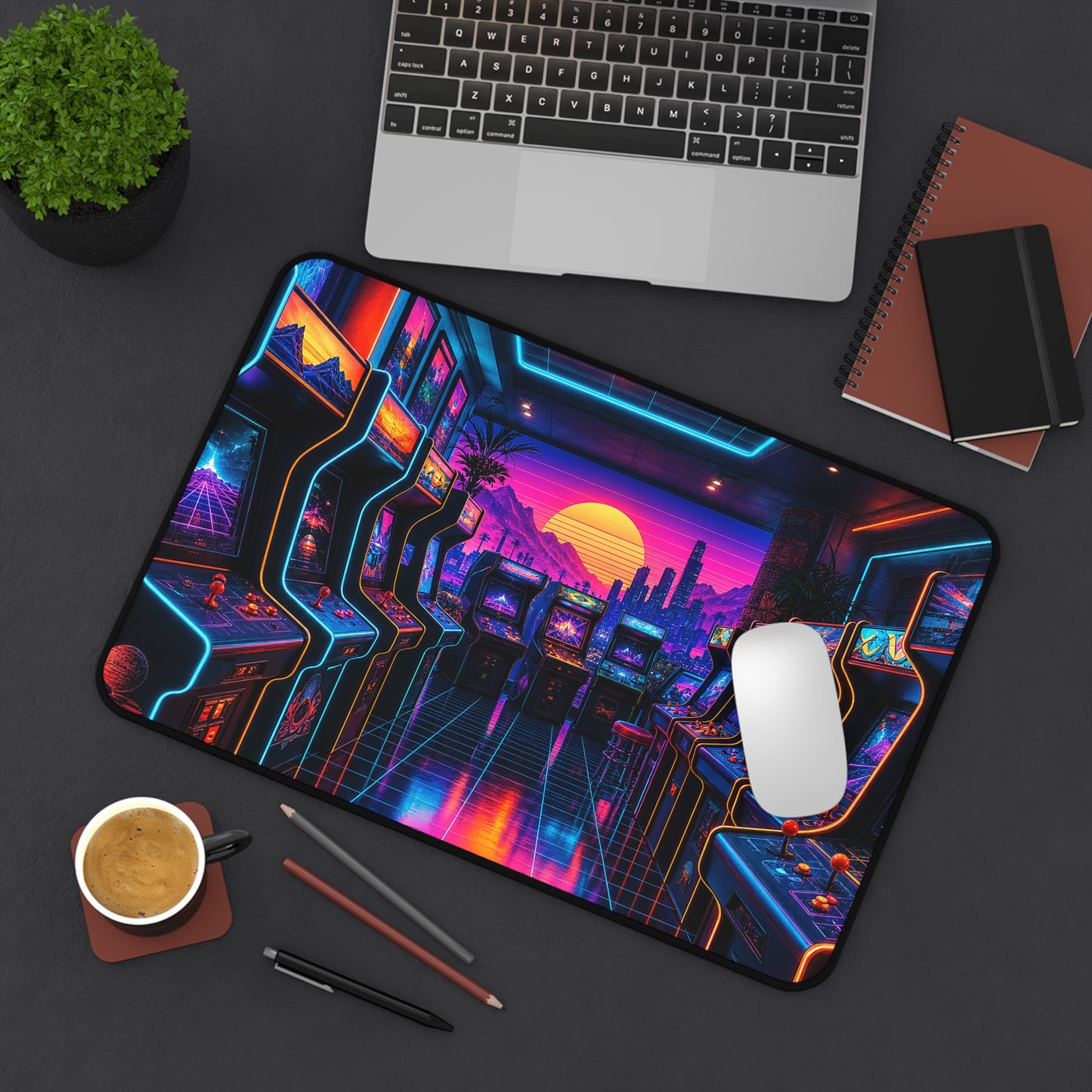 Neon Arcade With Multiple Cabinets - Gaming Culture Gaming Desk Mat
