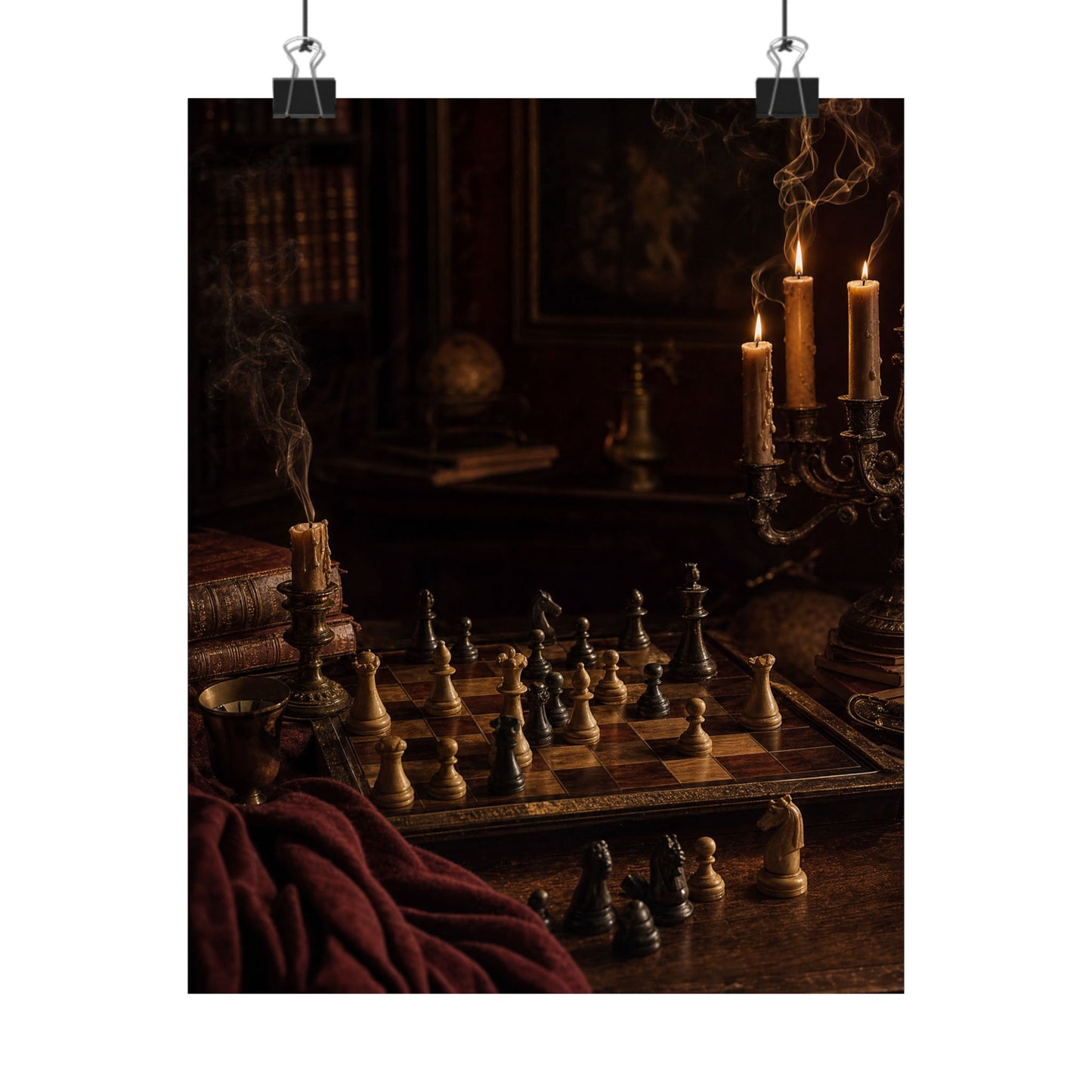 Chess Board Mid-Game In Candlelight - Dark Academia Art Print (Matte Poster)