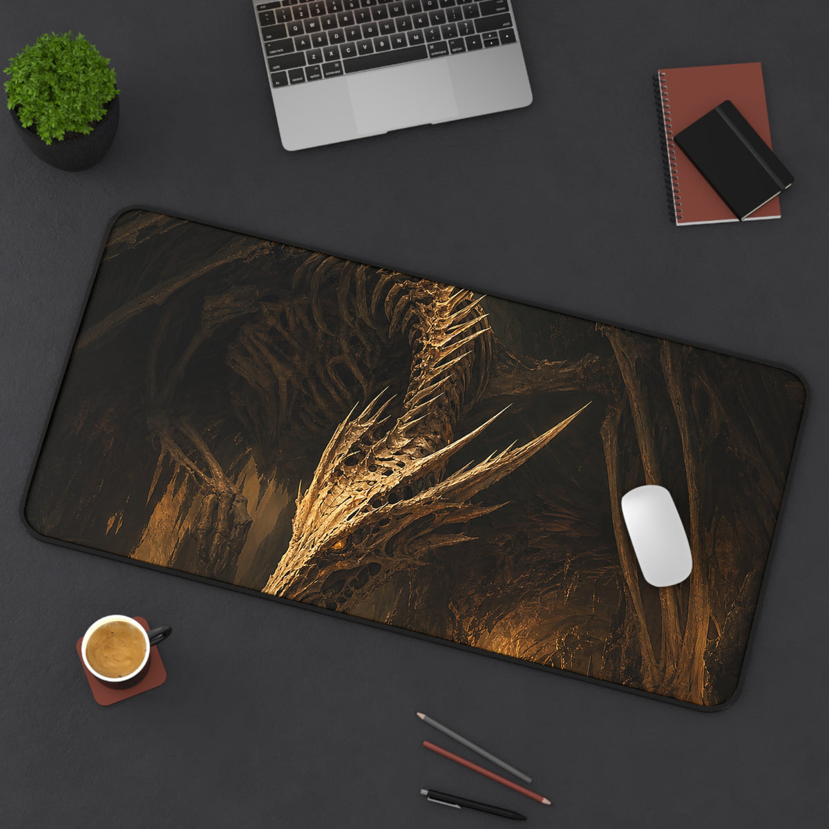 Bone Dragon In Cavern - Dark Fantasy Gaming Desk Mat