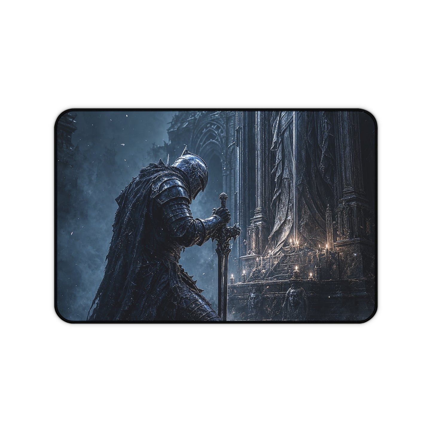 Dark Knight Kneeling Before Shrine - Dark Fantasy Gaming Desk Mat
