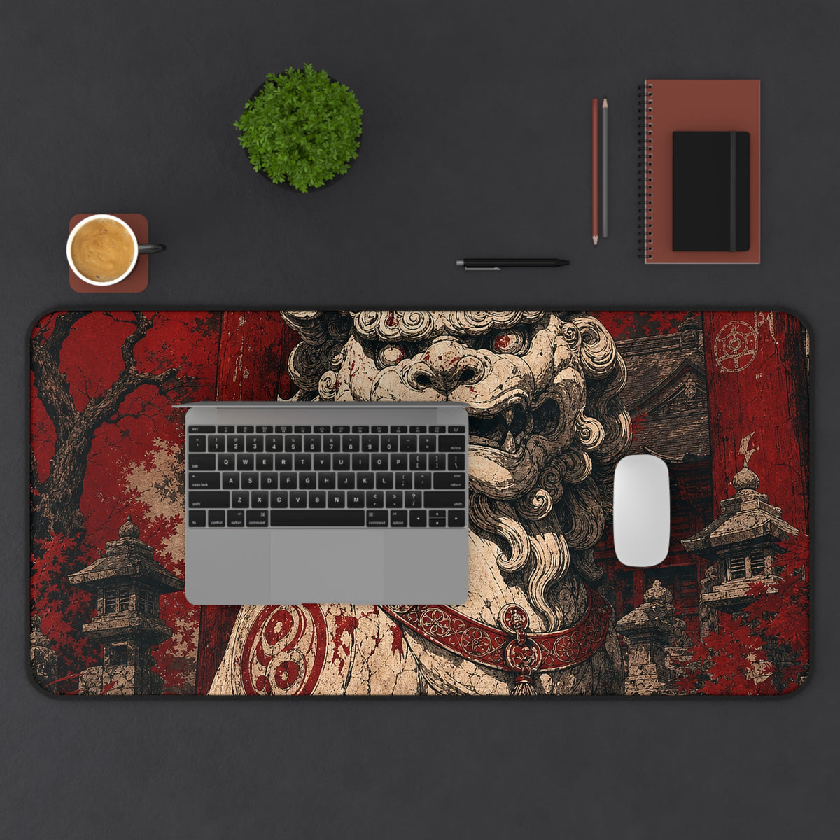 Komainu Guarding Shrine Gate - Japanese Mythology Gaming Desk Mat