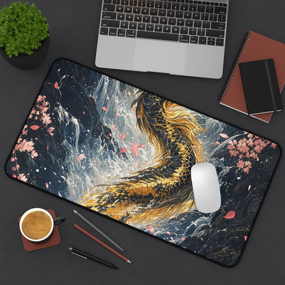 Koi Fish Swimming Upstream Becoming Dragon - Japanese Mythology Gaming Desk Mat