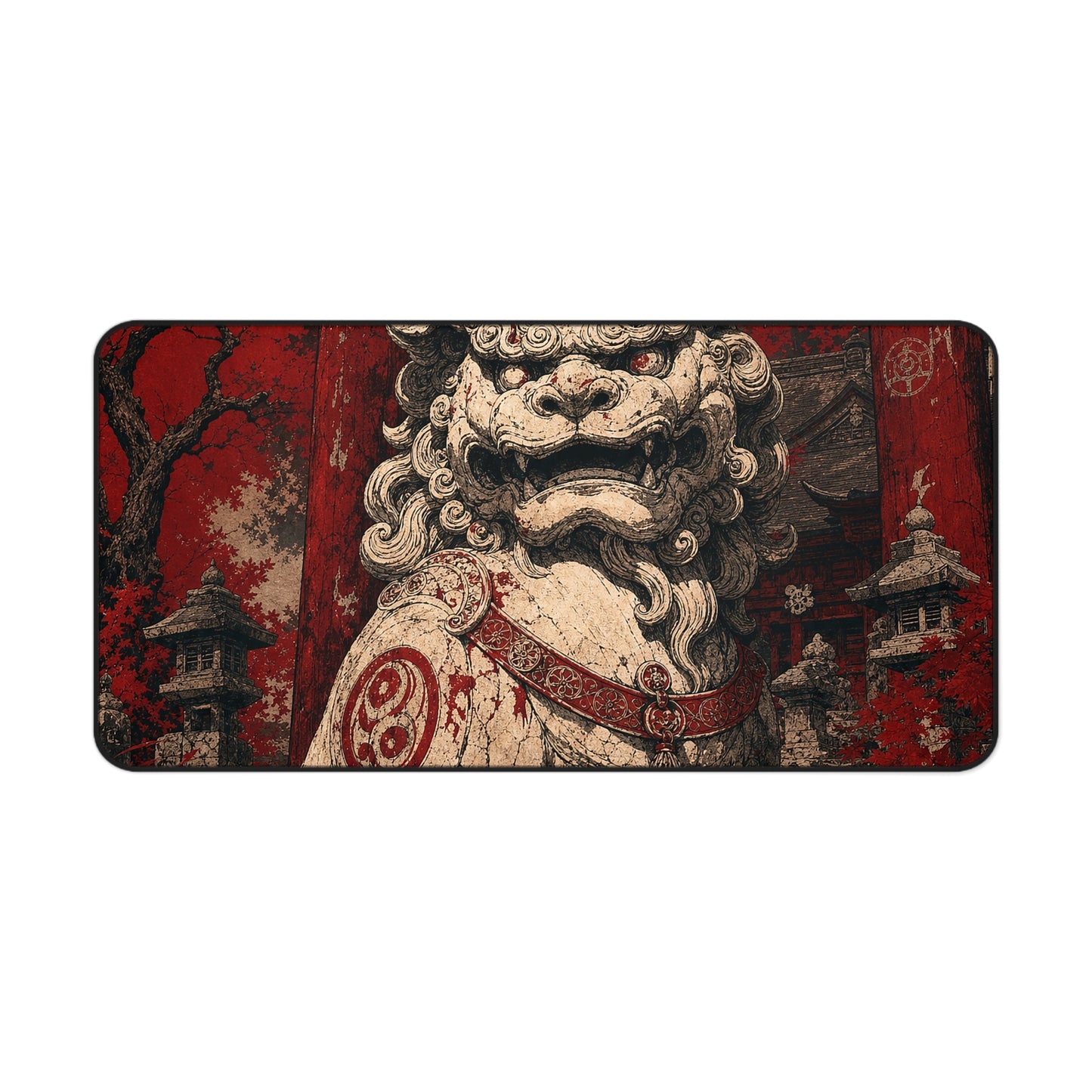 Komainu Guarding Shrine Gate - Japanese Mythology Gaming Desk Mat