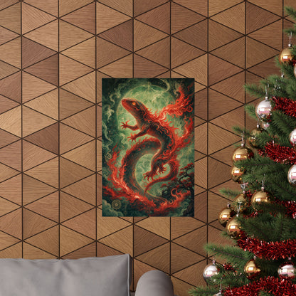 Salamander Spirit In Flame - Japanese Mythology Art Print (Matte Poster)
