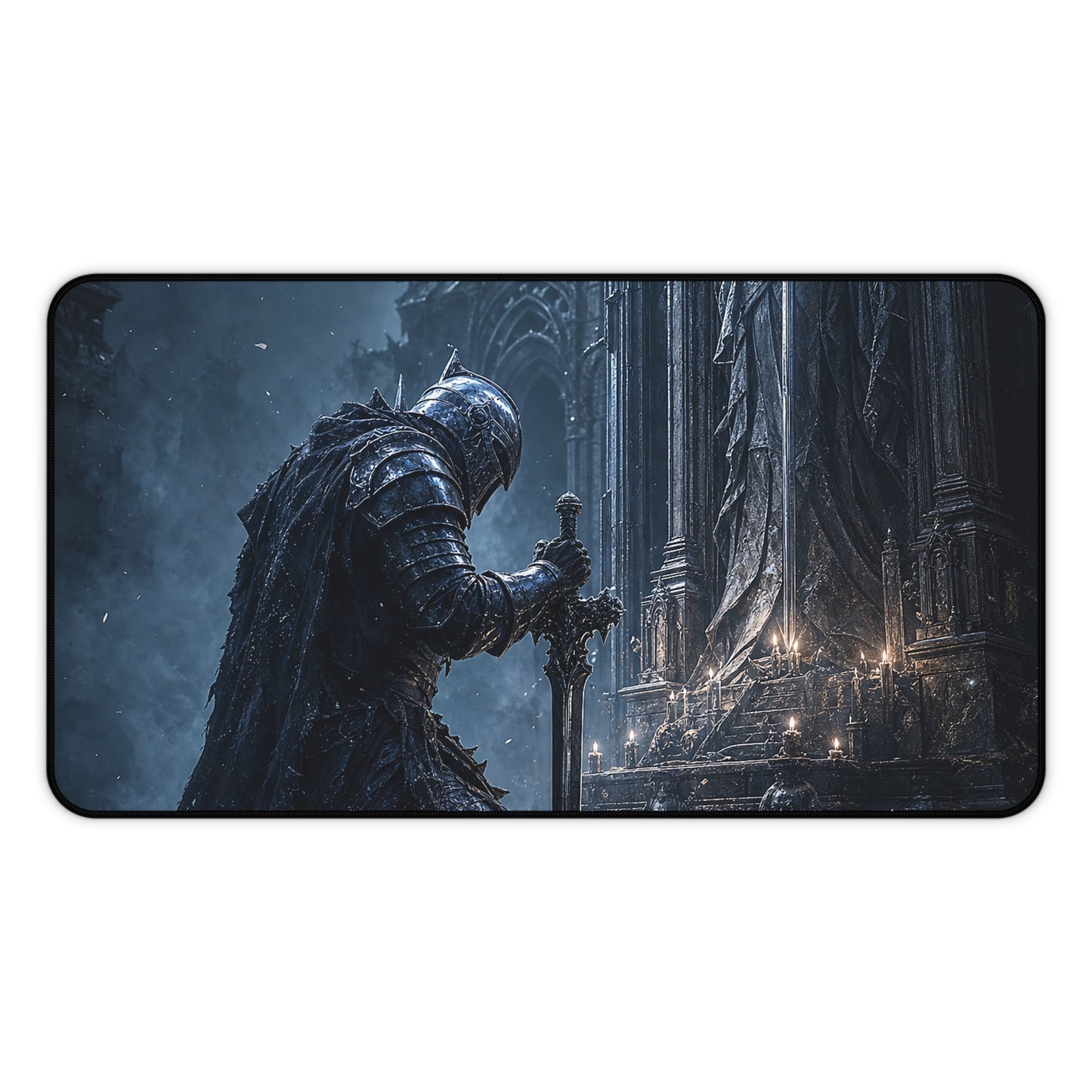 Dark Knight Kneeling Before Shrine - Dark Fantasy Gaming Desk Mat