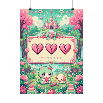 Cute Game Over Screen With Hearts - Kawaii Gaming Art Print (Matte Poster)