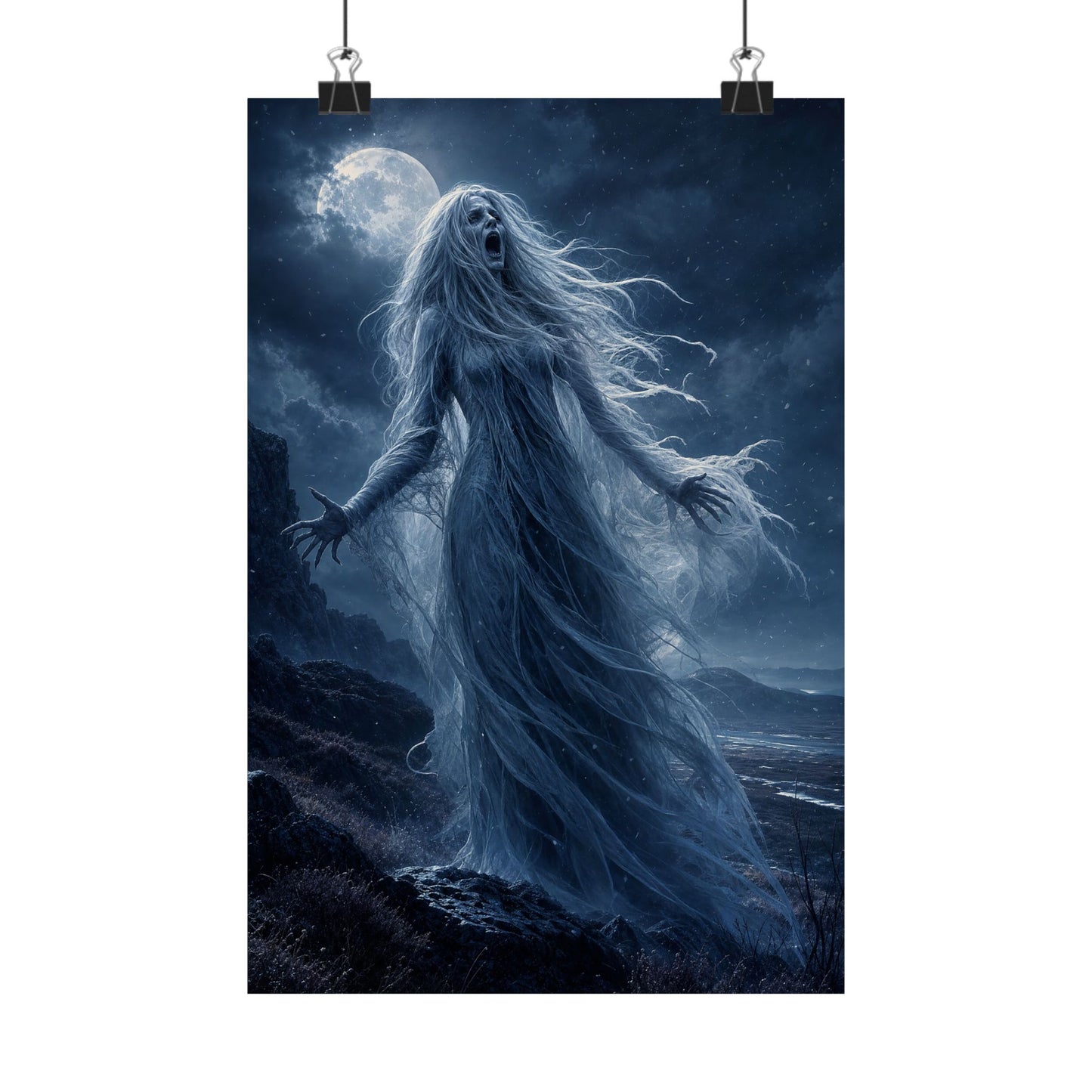 Banshee Wailing Over Moor - Dark Fantasy Art Print (Matte Poster)