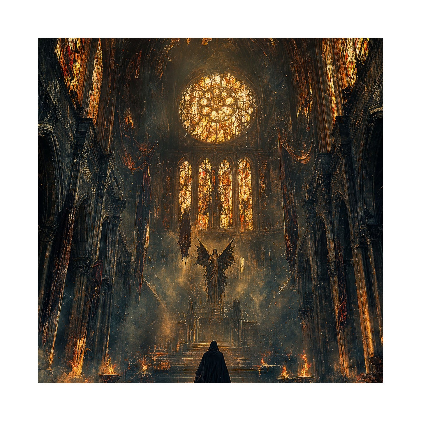 Cursed Cathedral With Broken Stained Glass - Dark Fantasy Art Print (Matte Poster)