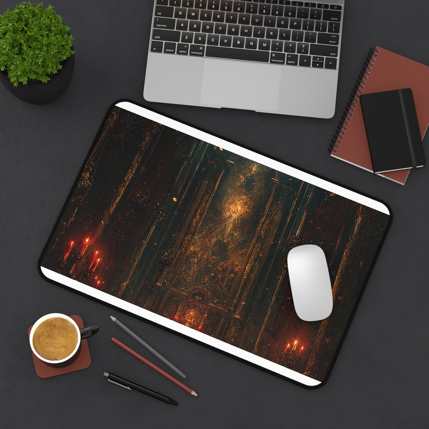 Dark Cathedral With Red Candles - Dark Fantasy Gaming Desk Mat