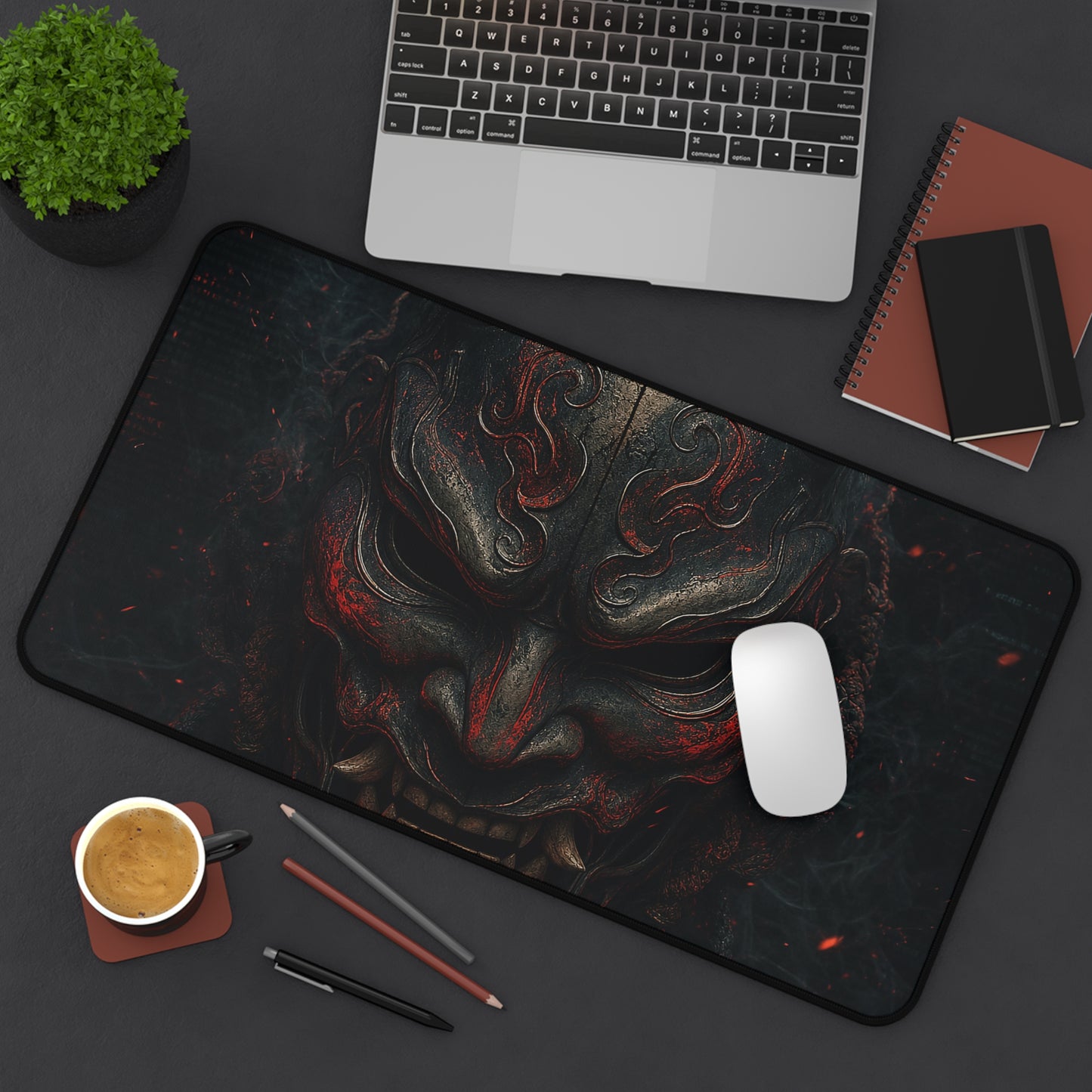Oni Mask With Terminal Text Behind It - Sudoni Brand Gaming Desk Mat