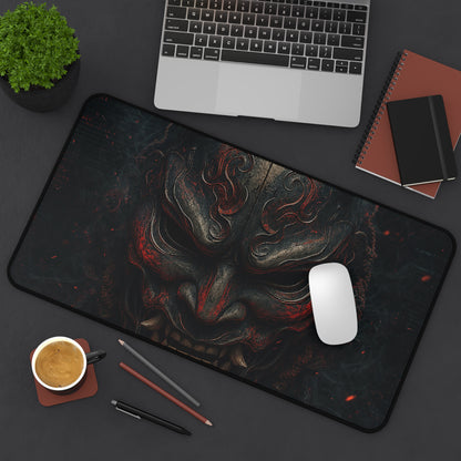 Oni Mask With Terminal Text Behind It - Sudoni Brand Gaming Desk Mat