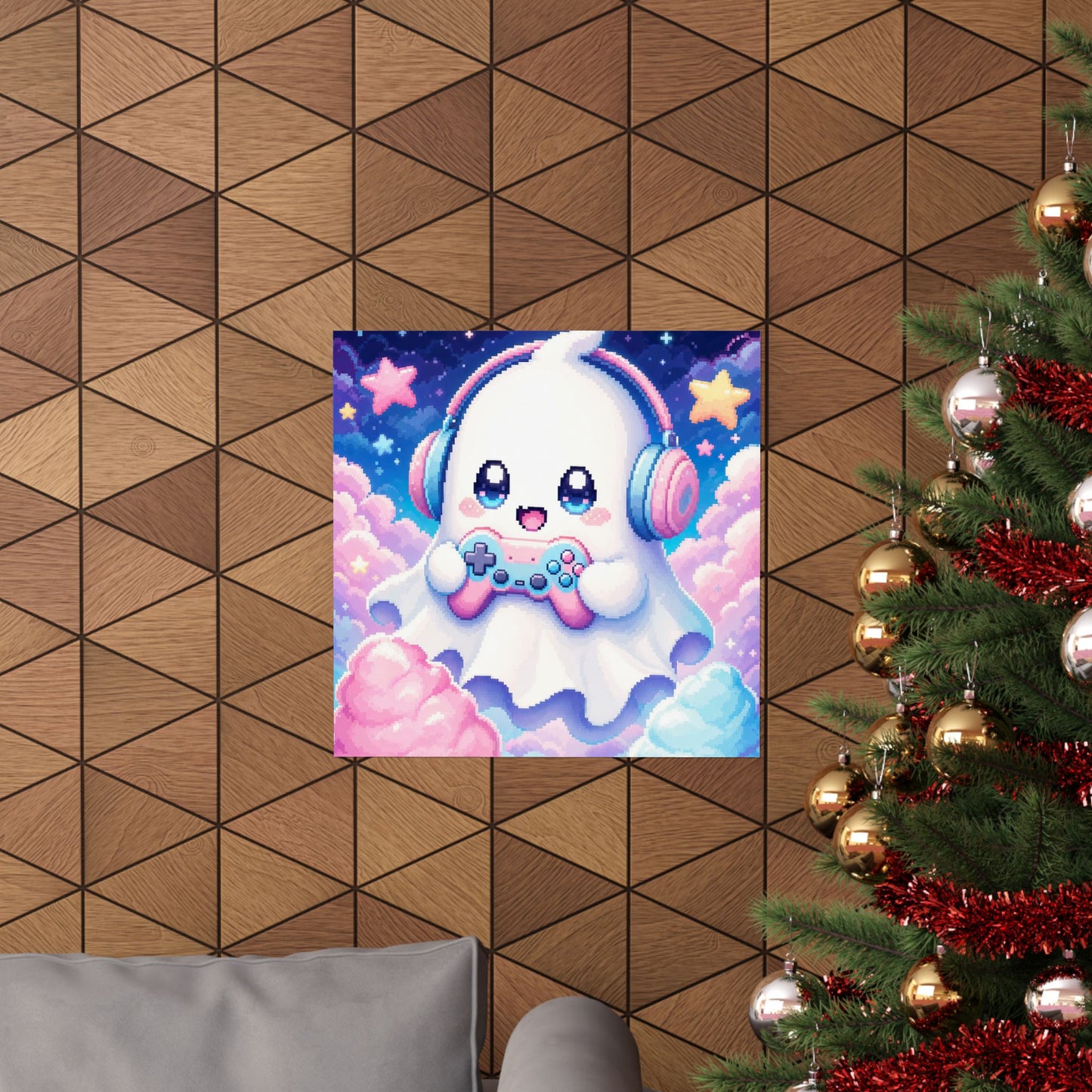 Cute Gaming Ghost With Controller - Kawaii Gaming Art Print (Matte Poster)