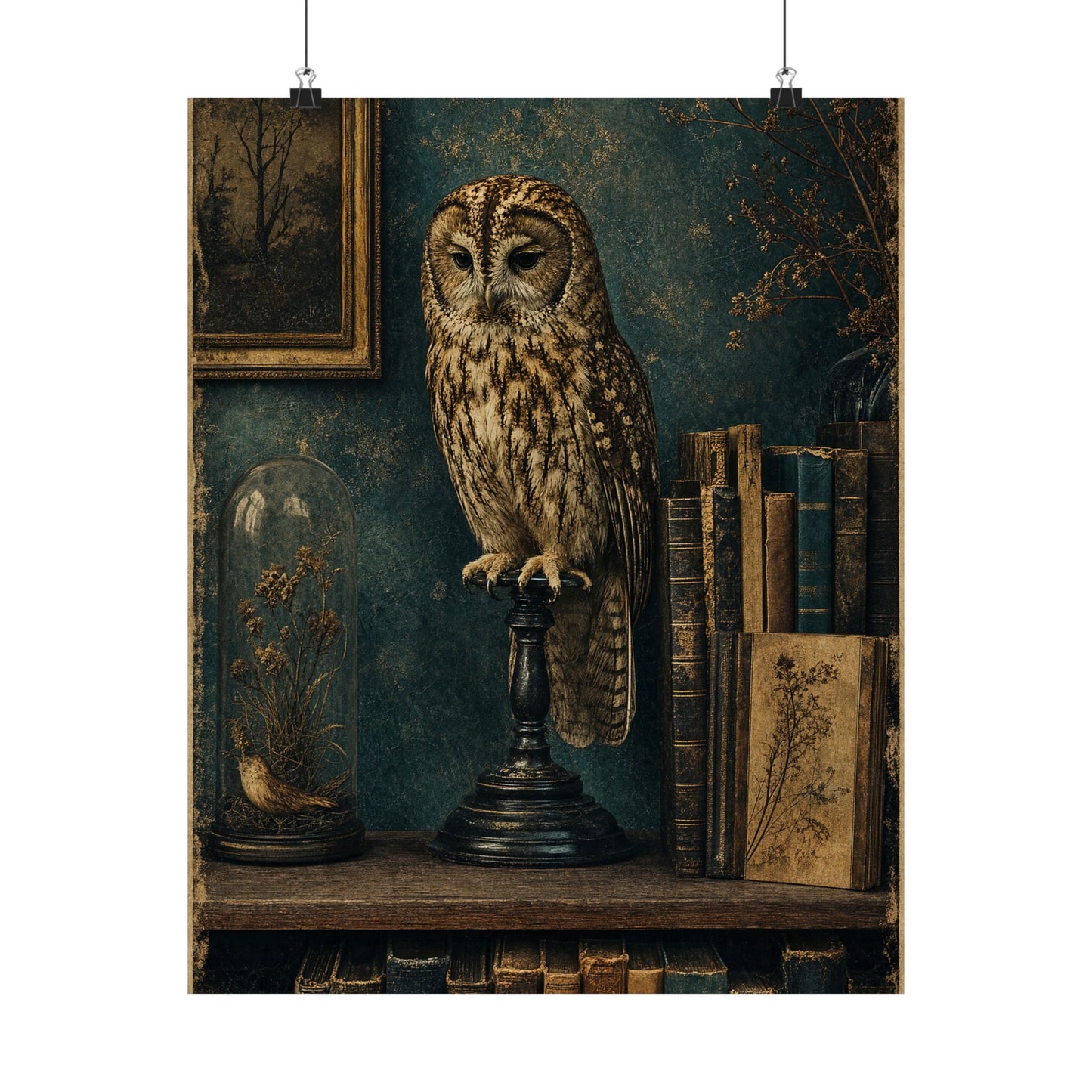 Taxidermy Owl On Bookshelf - Dark Academia Art Print (Matte Poster)