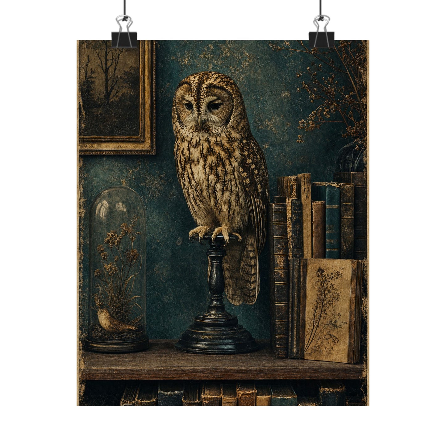 Taxidermy Owl On Bookshelf - Dark Academia Art Print (Matte Poster)
