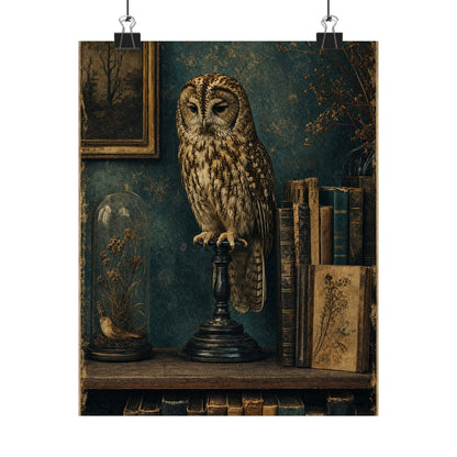 Taxidermy Owl On Bookshelf - Dark Academia Art Print (Matte Poster)
