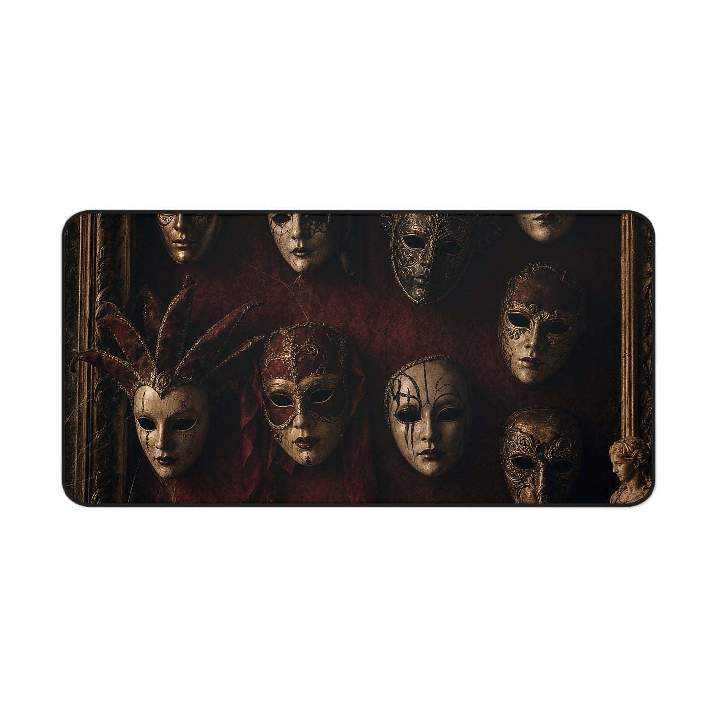 Mask Collection On Wall - Dark Academia Gaming Desk Mat