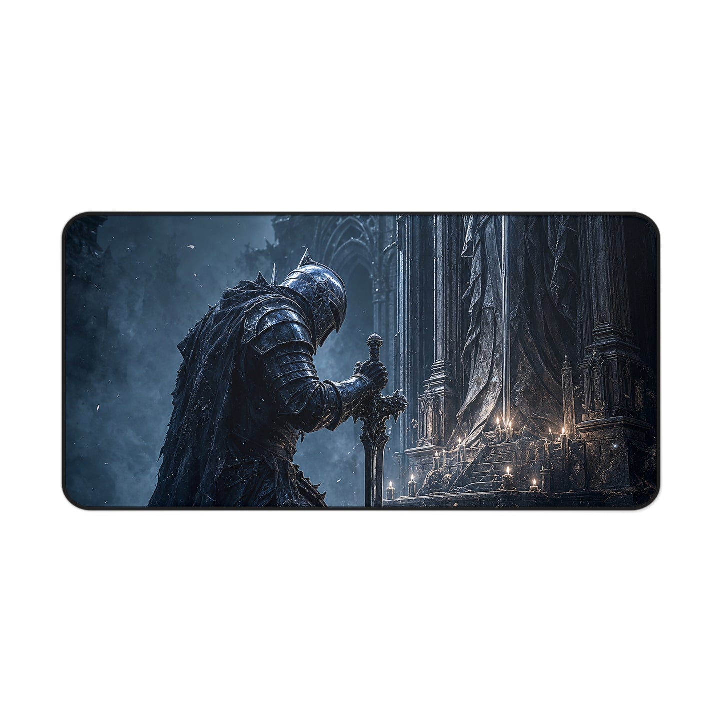 Dark Knight Kneeling Before Shrine - Dark Fantasy Gaming Desk Mat