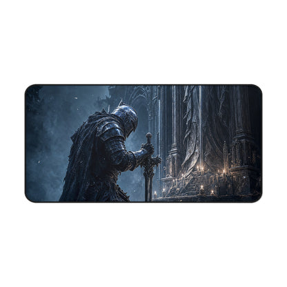 Dark Knight Kneeling Before Shrine - Dark Fantasy Gaming Desk Mat
