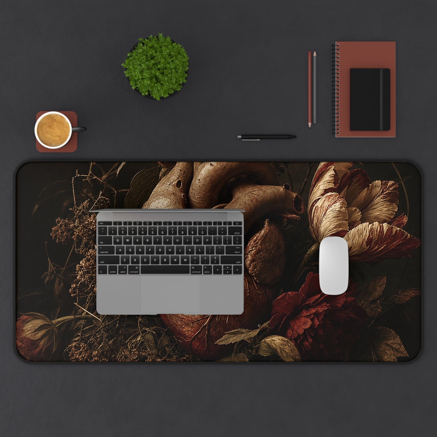Anatomical Heart With Flowers - Dark Academia Gaming Desk Mat