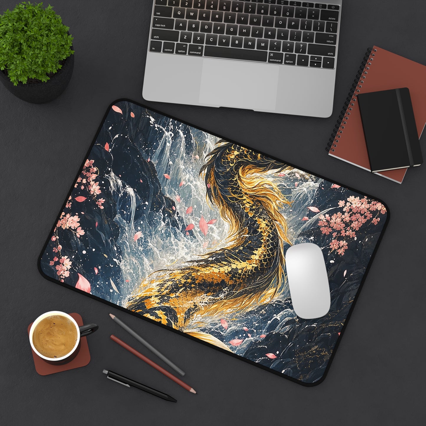 Koi Fish Swimming Upstream Becoming Dragon - Japanese Mythology Gaming Desk Mat