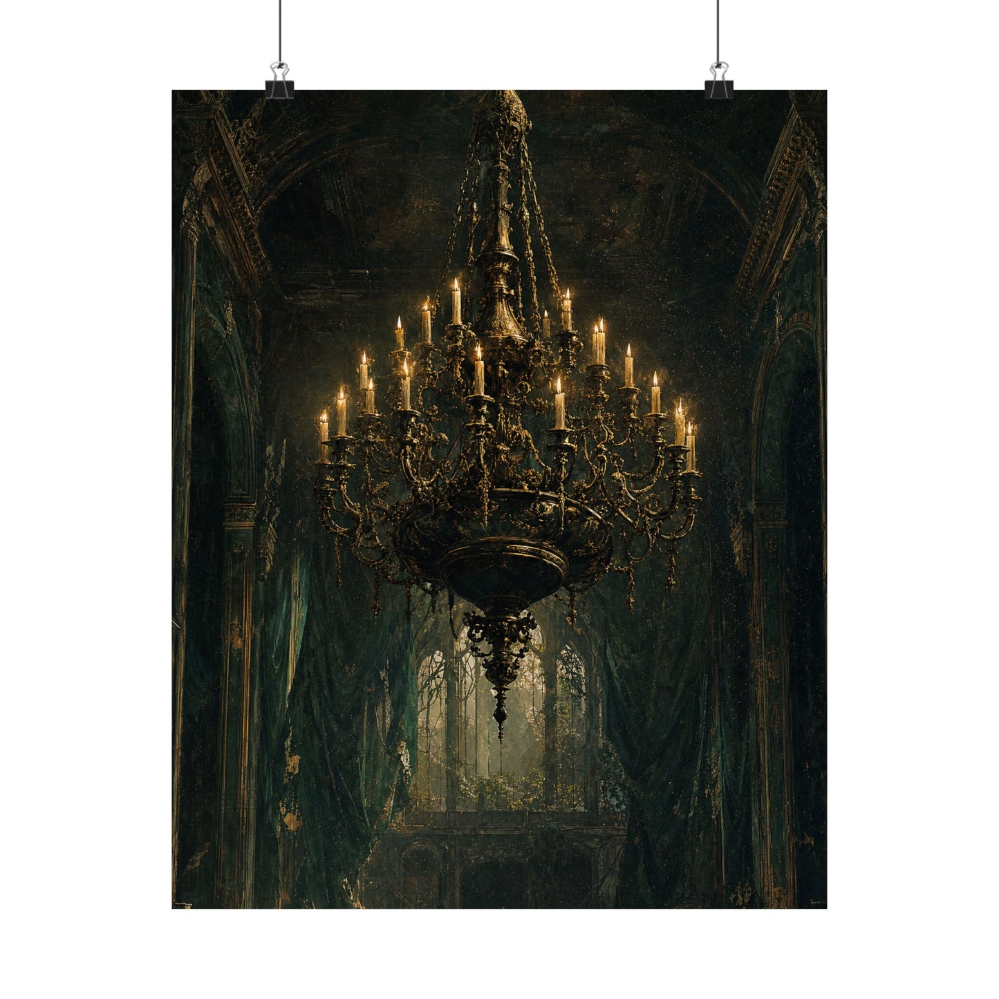 Chandelier In Ruined Hall - Dark Academia Art Print (Matte Poster)