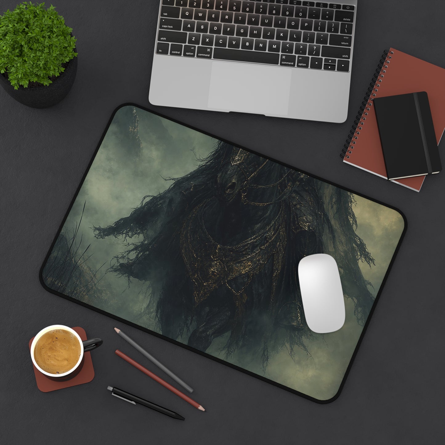 Black Knight Riding Through Mist - Dark Fantasy Gaming Desk Mat