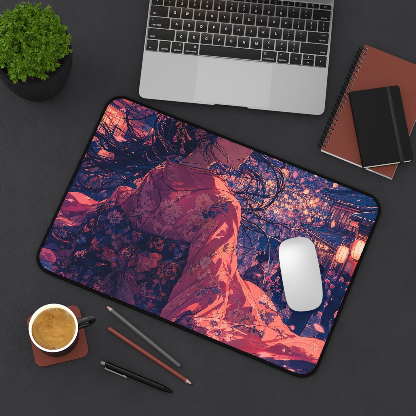 Street Festival With Paper Lanterns - Anime Manga Gaming Desk Mat