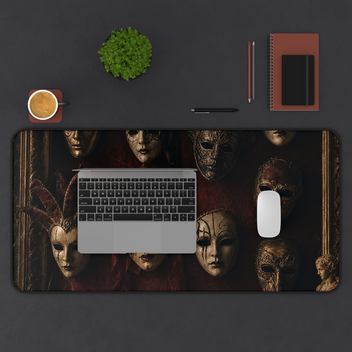 Mask Collection On Wall - Dark Academia Gaming Desk Mat