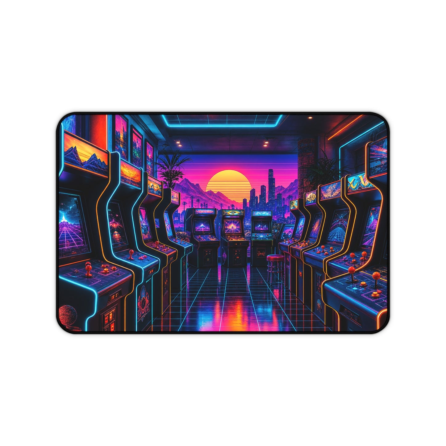 Neon Arcade With Multiple Cabinets - Gaming Culture Gaming Desk Mat