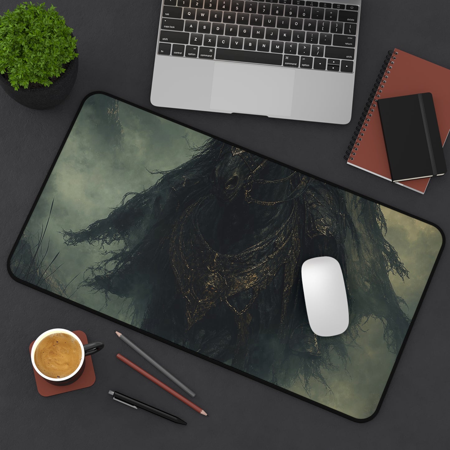 Black Knight Riding Through Mist - Dark Fantasy Gaming Desk Mat