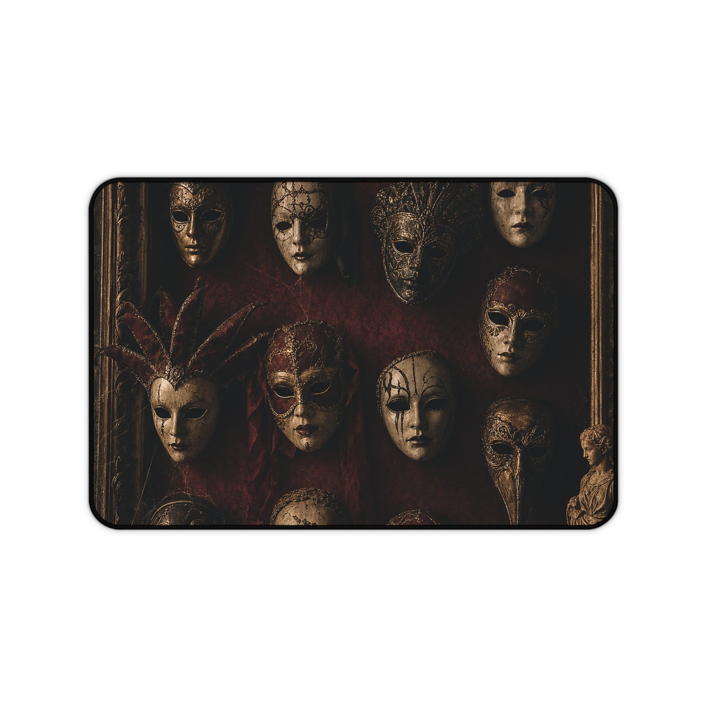 Mask Collection On Wall - Dark Academia Gaming Desk Mat