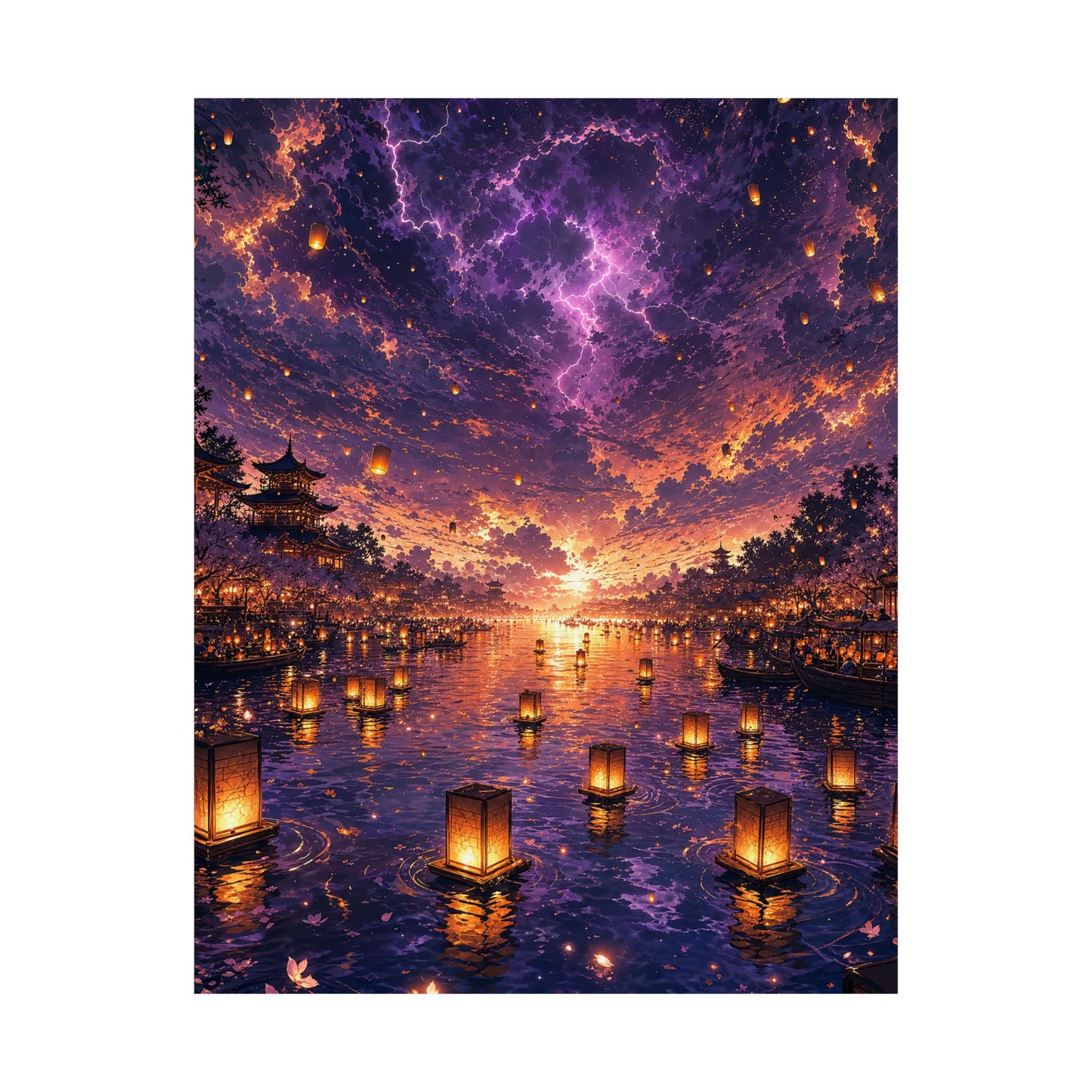 Festival Of Floating Lanterns On Water - Anime Manga Art Print (Matte Poster)