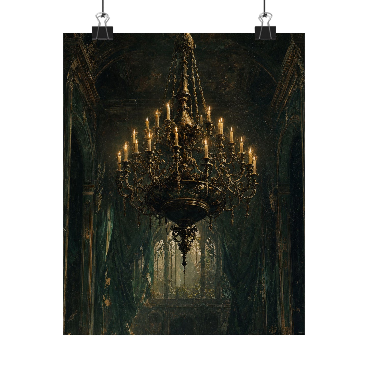 Chandelier In Ruined Hall - Dark Academia Art Print (Matte Poster)