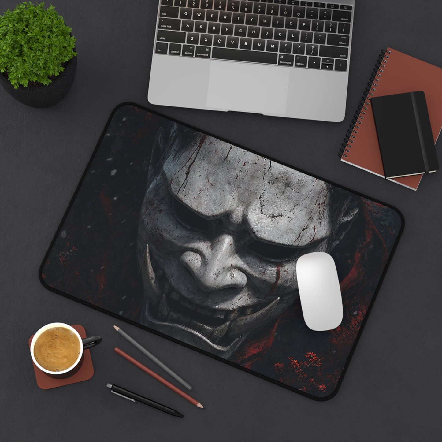 White Oni Mask With Hollow Black Eyes - Sudoni Brand Gaming Desk Mat