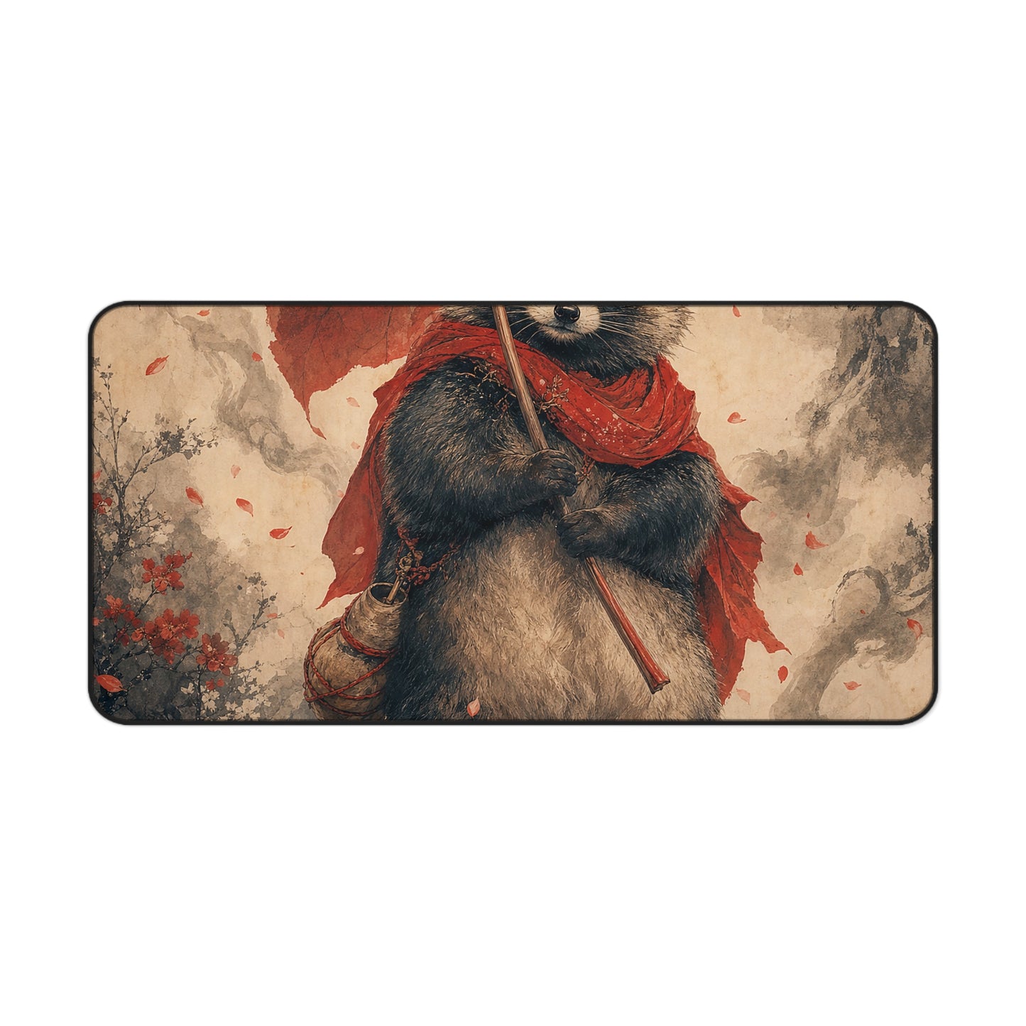 Tanuki With Giant Leaf - Japanese Mythology Gaming Desk Mat