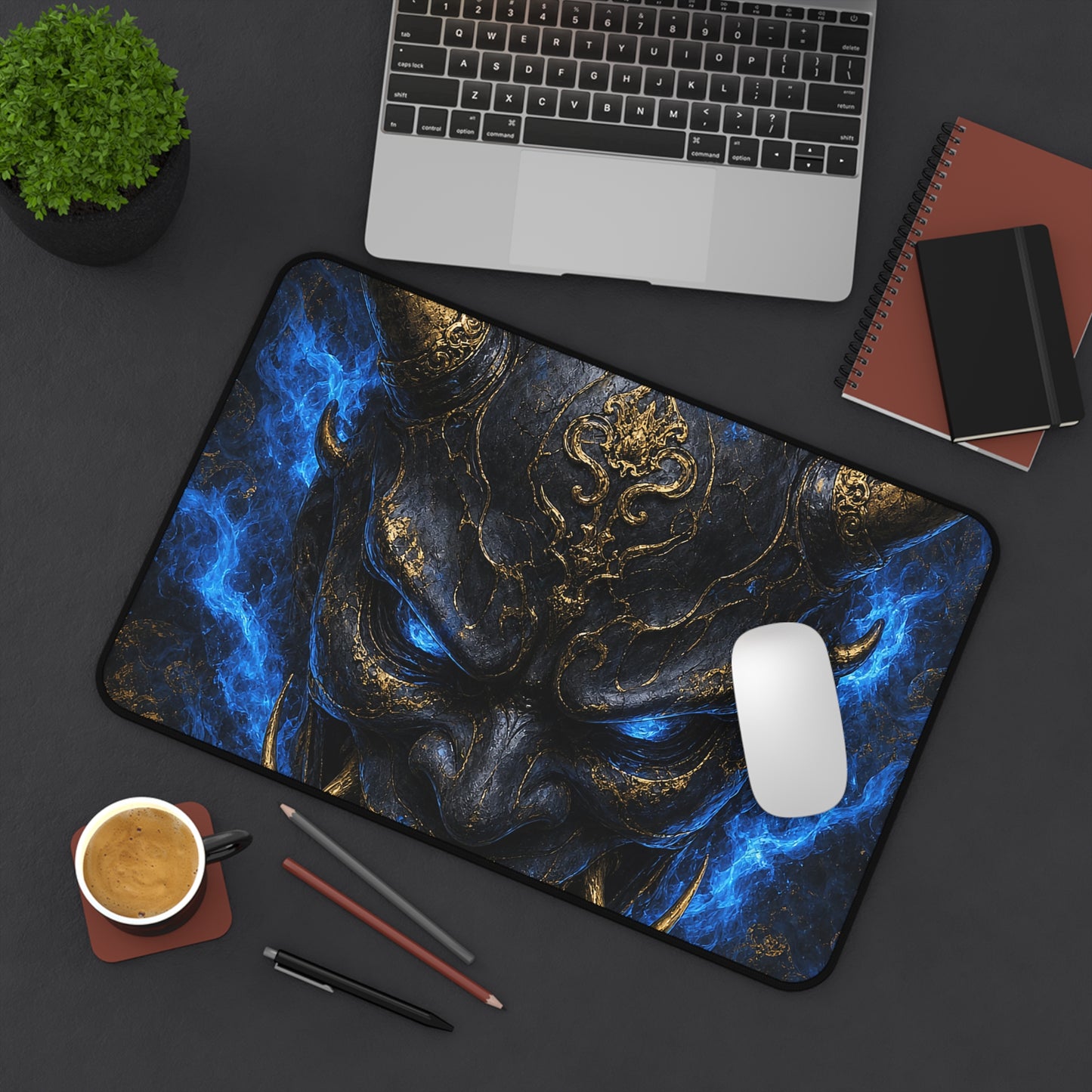 Oni Mask Engulfed In Blue Flames - Sudoni Brand Gaming Desk Mat